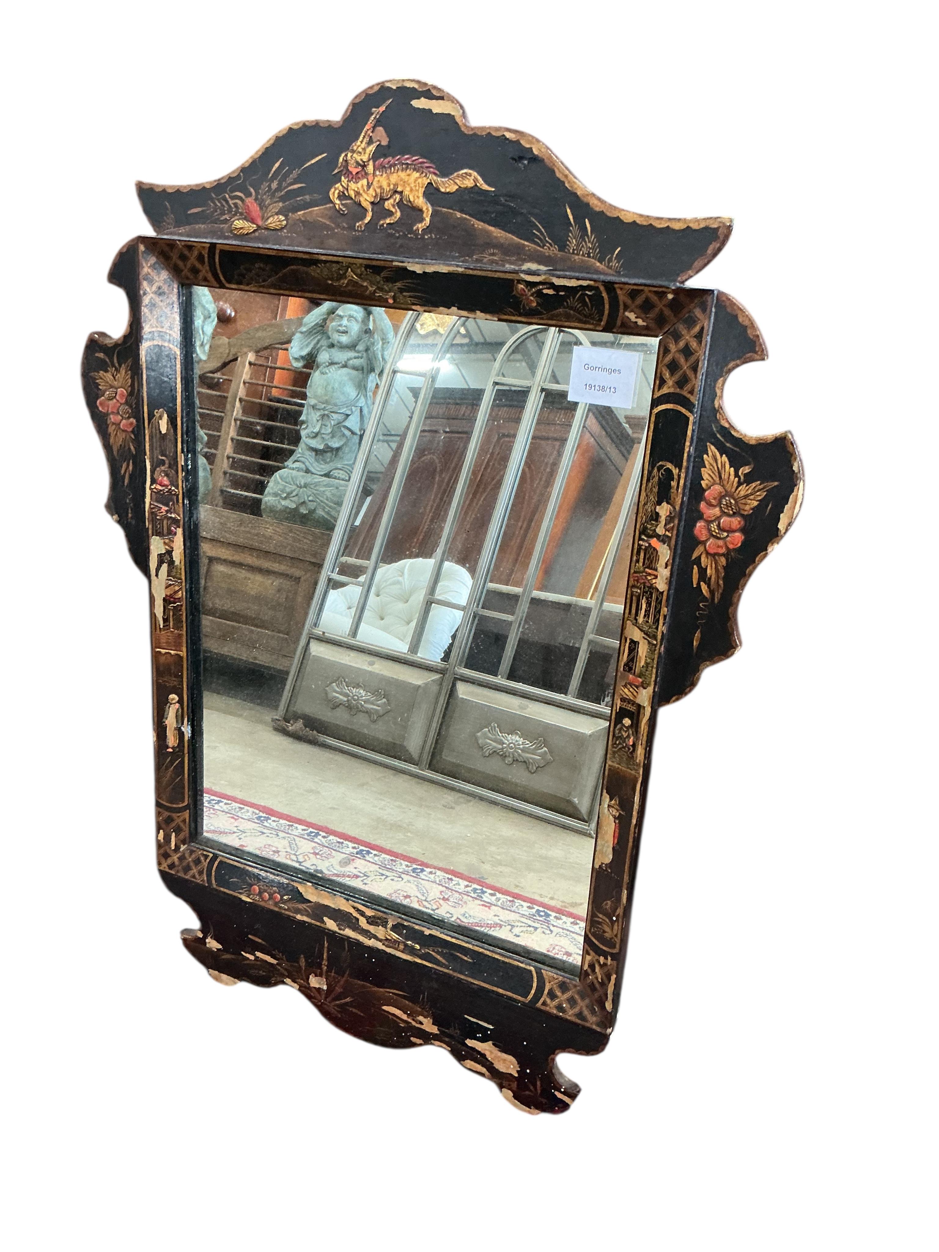 A chinoiserie lacquer fret cut wall mirror, width 53cm, height 72cm